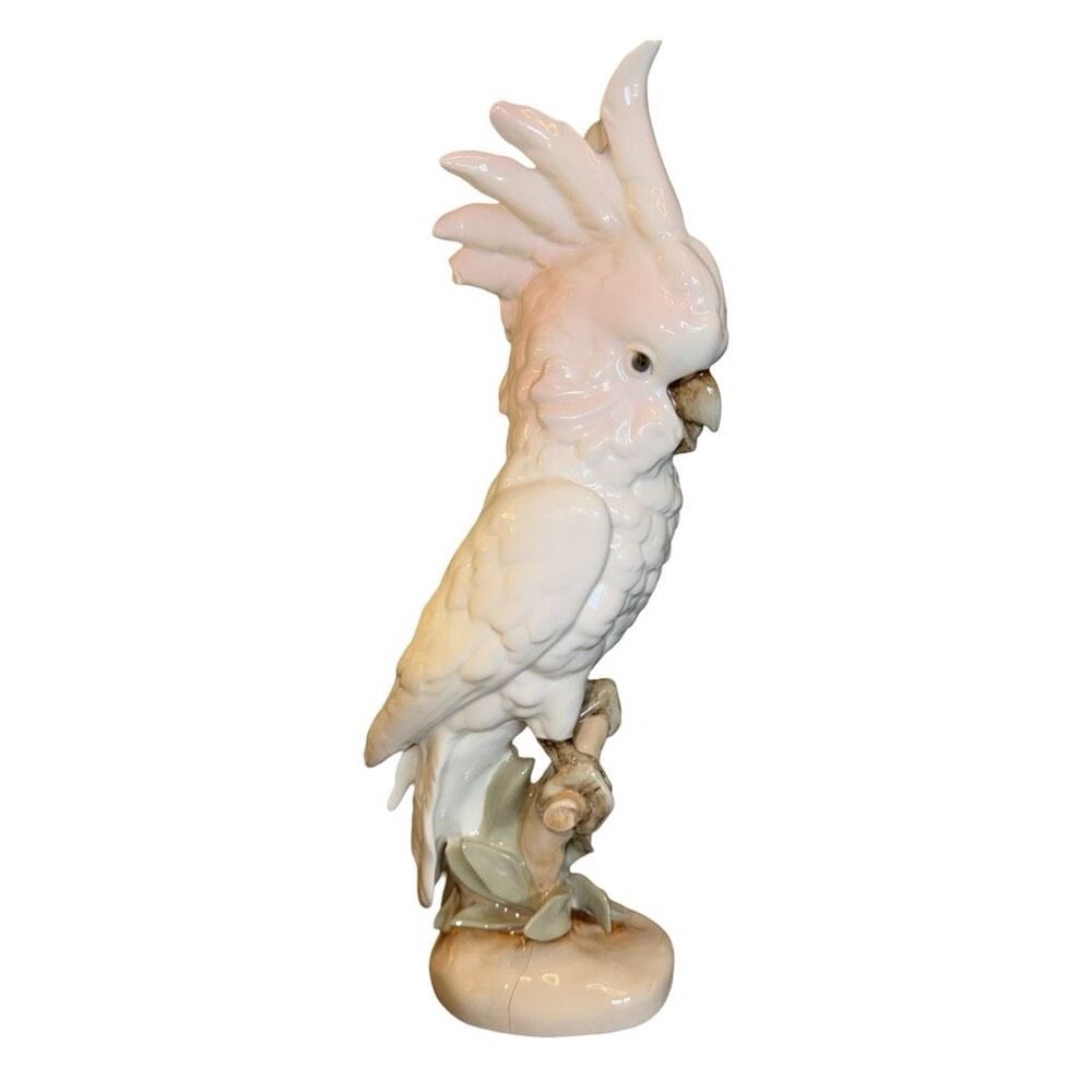 Royal Dux Cockatoo Bird 16” Hand Painted Bohemia Porcelain White and Blush Pink‎